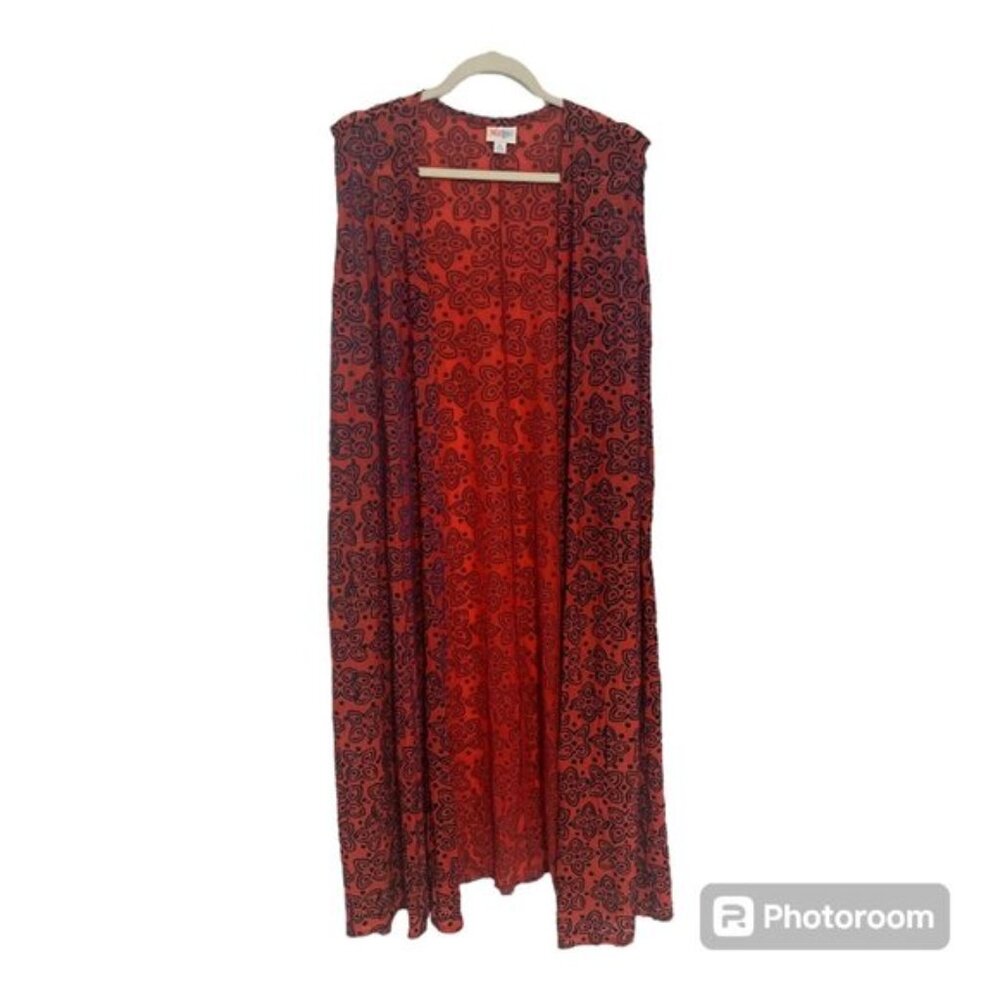 Womens Lularoe Joy Long Sleeveless Cardigan Duster Red w/ Blue Pattern Size XL
